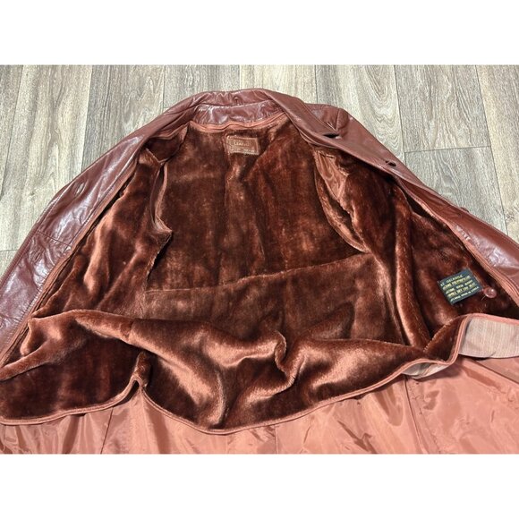 VINTAGE MAXI LEATHER JACKET BEALTED TRENCH COAT BROWN WOMENS SIZE 12 - Picture 4 of 14